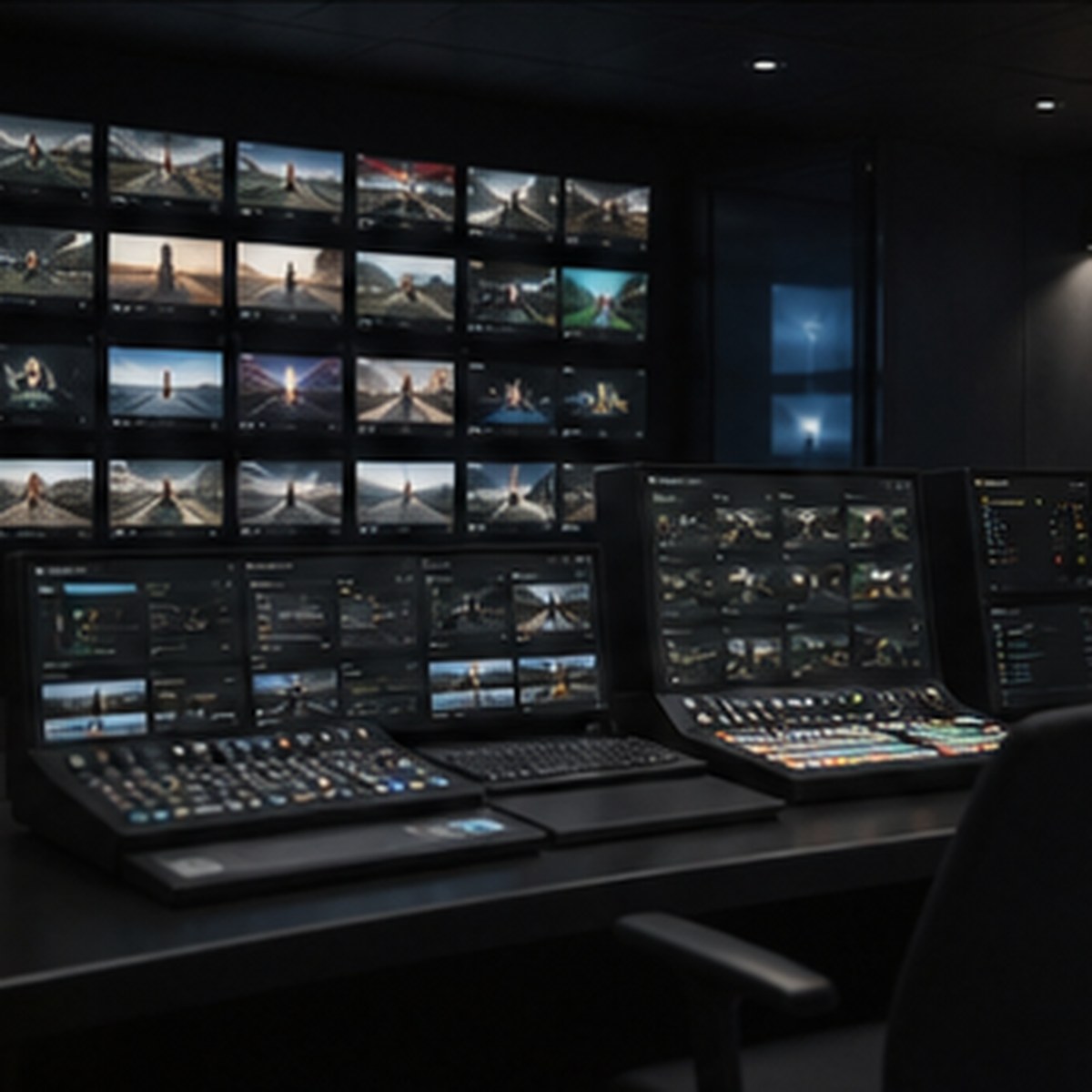 Master control room with screens and broadcast control equipment