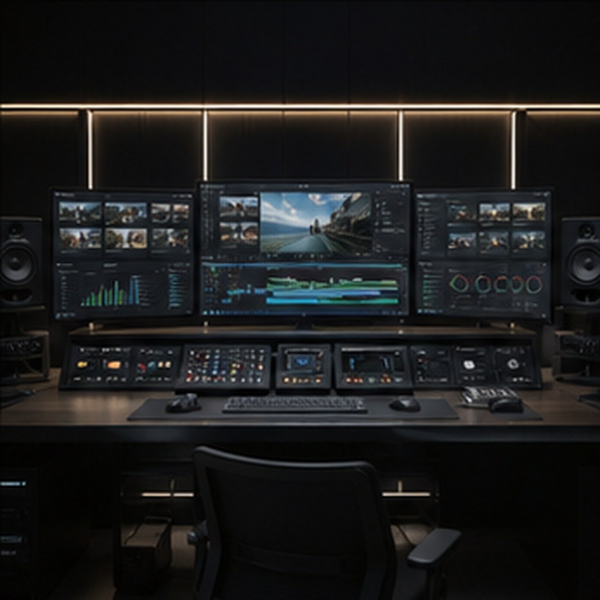 Broadcast control room with multiviewer screens and operational desks