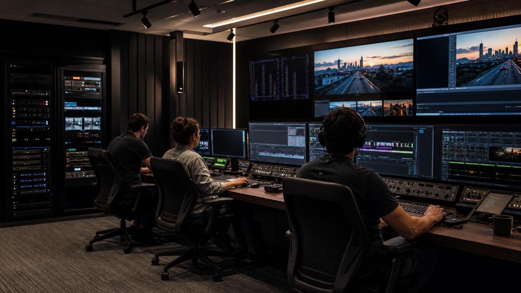Modern broadcast suite with multiviewer screens
